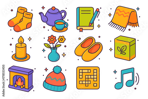 Cozy Reading Essentials Icons. Colorful isometric vector icons set of Reading and Relaxation Time: warm socks, teapot with cup, notebook with pen, cozy shawl,