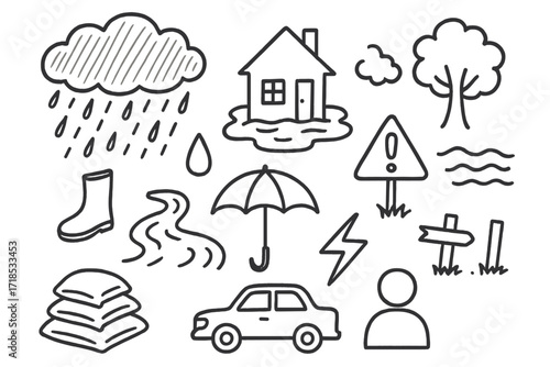 Weather Doodle Icons. Hand-drawn doodle illustration Heavy rainfall cloud, raindrop, puddle, house, tree, umbrella, boot, river, warning sign, waves, car,