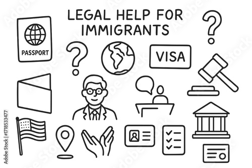 Immigrant Legal Support Icons. Hand-drawn doodle illustration Legal help for immigrants [passport, globe, visa stamp, question mark, lawyer, open folder,