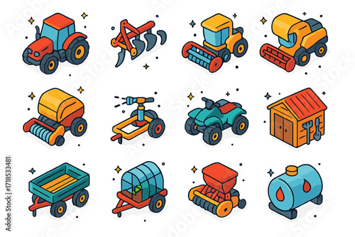 Farm Equipment Icons. Colorful isometric vector icons set of Farm vehicles and equipment: red tractor, plow attachment, seeder machine, harvester, hay baler,
