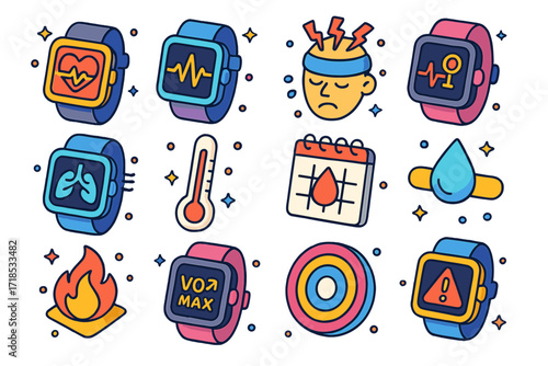 Smartwatch Health Icon Set. Colorful isometric vector icons set of smartwatch health metrics: heart rate icon, ECG reading, stress level, blood pressure,