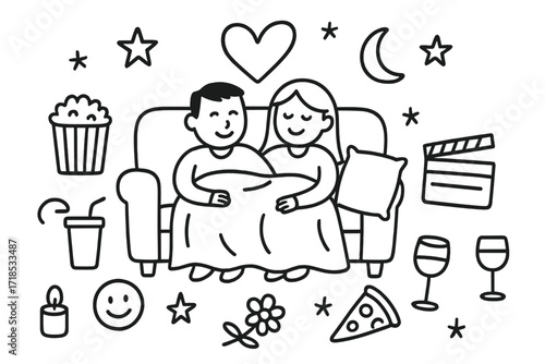 Romantic Movie Night Doodles. Hand-drawn doodle illustration Romantic movie night [couch, popcorn, soda, heart, blanket, pillow, couple, stars, moon, candle,