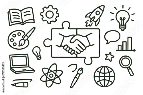 Creative Collaboration Icons. Hand-drawn doodle illustration Shared problem solving puzzle piece, handshake, gear, book, laptop, rocket, paintbrush, palette,