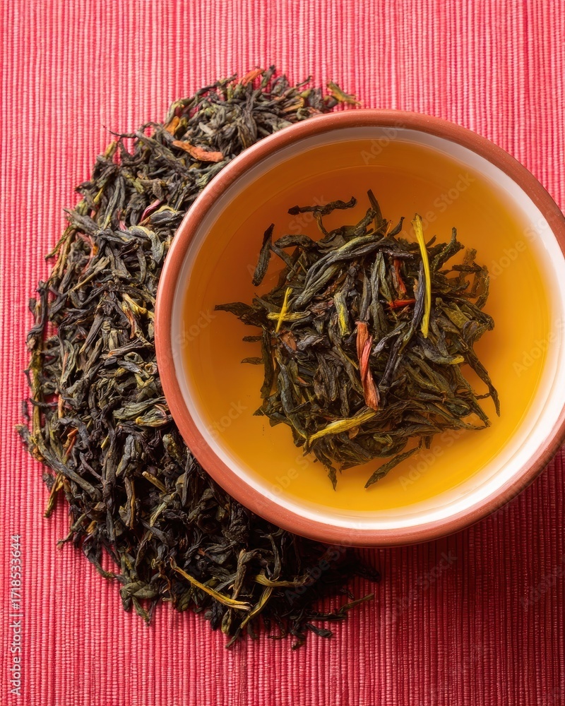 Fototapeta premium Dried Green Tea In Small Bowl On Red Background