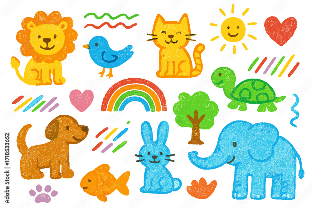 Fototapeta premium Colorful Animal Doodles. Colorful Hand-drawn doodle Children illustration Animal Drawings lion, cat, dog, elephant, bunny, bird, turtle, fish, crayon lines,