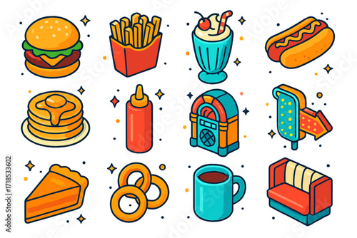 American Diner Icons. American diner. Colorful isometric vector icons set of American diner: burger, fries, milkshake, hot dog, pancakes, ketchup bottle,
