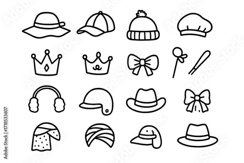 Headwear Doodle Icons. Hand-drawn doodle illustration Headwear accessories [sunhat, cap, beanie, beret, crown, tiara, headband, hairpin, earmuffs, helmet,