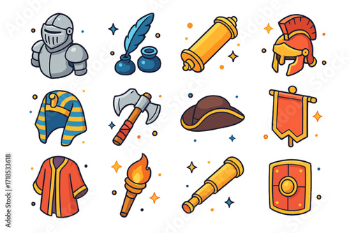 Historical Icons Set. Colorful isometric vector icons set of historical reenactment tools: knight armor, quill and ink, scroll case, Roman helmet, pharaoh