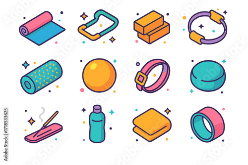 Yoga & Pilates Icons. Yoga & Pilates. Colorful isometric vector icons set of Yoga & Pilates: yoga mat, resistance band, yoga blocks, pilates ring, foam roller,