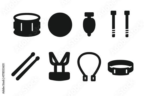 Drumline Icon Set. Solid, filled icon set of drumline components: drum shell, drumhead, tension rods, lugs, hoops, drumsticks, harness, drum straps. Solid,