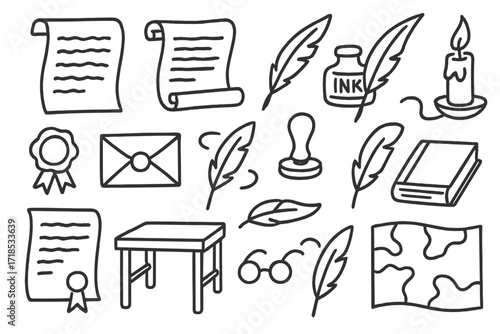 Historical Document Icons. Hand-drawn doodle illustration Historical documents parchment, scroll, ink bottle, quill, wax seal, envelope, stamp, ribbon, candle,