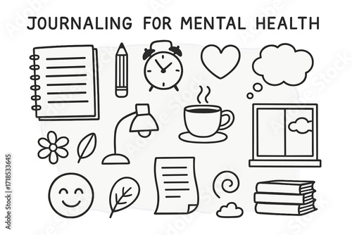 Mental Health Journaling Icons. Hand-drawn doodle illustration Journaling for mental health [notebook, pencil, clock, heart, thought bubble, coffee cup, lamp,