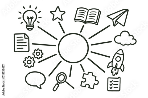 Creative Mind Mapping Doodle. Hand-drawn doodle illustration mind mapping exercise central circle, branching lines, arrows, light bulb, star, book, pencil,