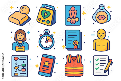 Colorful CPR Training Icons. Colorful isometric vector icons set of CPR and emergency response training: CPR mannequin, defibrillator (AED), chest compression