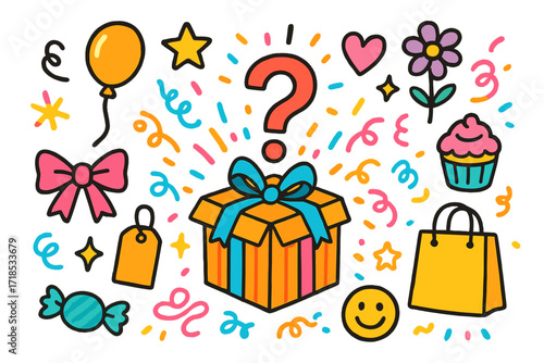 Mystery Box Surprise. Colorful Hand-drawn doodle Children illustration Surprise gifts mystery box, question mark, ribbon, bow, confetti, balloon, sparkles,
