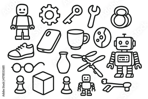 3D Printed Doodles. Hand-drawn doodle illustration 3D printed objects toy figure, gear, key, wrench, shoe, phone case, cup, jewelry ring, glasses, vase, car