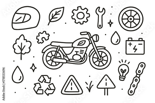 Eco Motorcycle Doodle. Hand-drawn doodle illustration Eco-friendly motorcycle lifestyle [motorcycle, helmet, eco leaf, gear, wrench, wheel, battery,