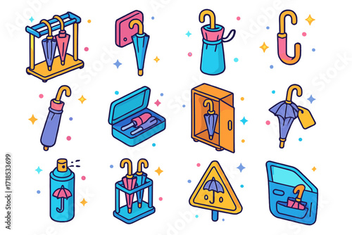 Colorful Umbrella Care Icons. Colorful isometric vector icons set of umbrella storage and care: umbrella drying rack, umbrella wall mount, folded umbrella bag,