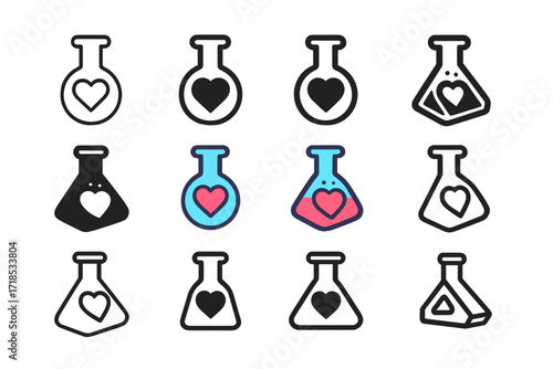 Flask Love Logo Variations. Set Logo of Flasks: Flask with heart symbol (love potion). Logo set in vector style, emblematic variations. line, bold thick line,