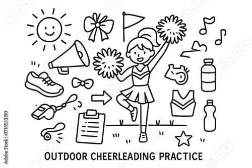 Cheerleading Practice Icons. Hand-drawn doodle illustration Outdoor Cheerleading Practice [field, sun, pom-poms, megaphone, sneakers, bow, whistle, clipboard,