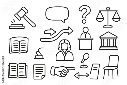 Courtroom Doodle Icons. Hand-drawn doodle illustration cross examination gavel, speech bubble, question mark, witness stand, lawyer figure, scales, courthouse,