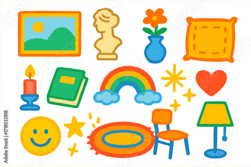Colorful Children's Doodle Art. Colorful Hand-drawn doodle Children illustration Artistic Home Touches [painting, sculpture, vase, flower, candle, book,