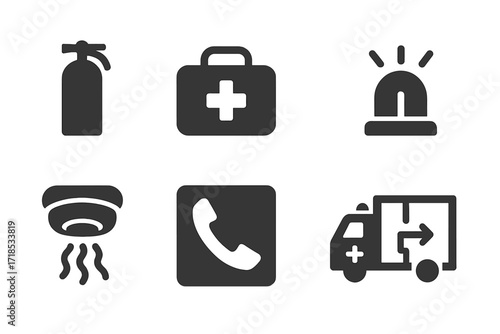 Emergency Icon Grid. Solid, filled icon set of emergency security: fire extinguisher, first aid kit, emergency exit, siren, smoke detector, emergency phone,