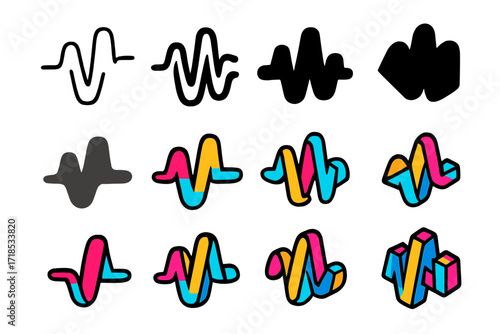 Zumba Vibes Logo Grid. Set Logo of Zumba Vibes: Equalizer wave pattern. Logo set in vector style, emblematic variations. line, bold thick line, solid black