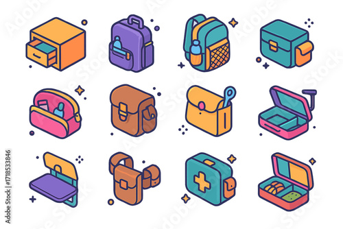 Colorful Isometric Icons Grid. Colorful isometric vector icons set of side compartment storage: desk drawer, suitcase side pocket, backpack mesh side, tool