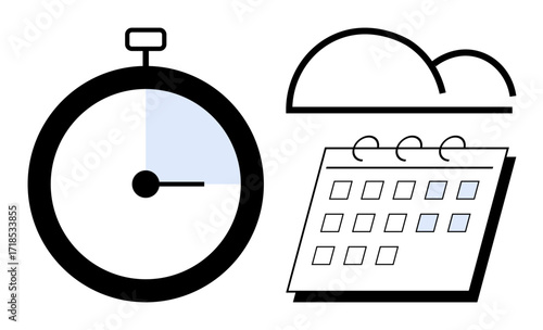 Stopwatch with highlighted time, calendar blocks with marked days, and a cloud icon. Ideal for planning, productivity, deadlines, organization, event management goals time tracking. Simple flat