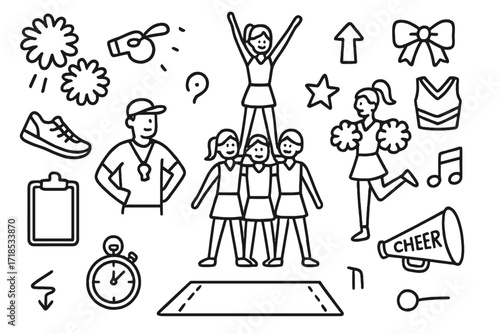 Cheerleading Icons Illustration. Hand-drawn doodle illustration Cheer Stunts and Pyramids [cheerleader pyramid, pom-poms, sneakers, whistle, clipboard, bow,