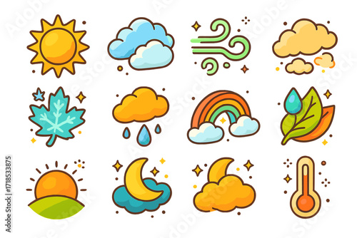 Seasonal Weather Icons. Colorful isometric vector icons set of seasonal weather during harvest: sunny sky, fluffy clouds, light breeze swirl, fog layer, early