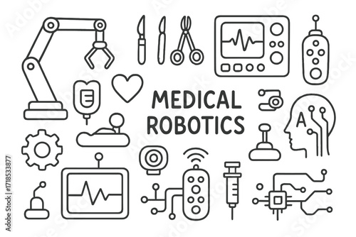 Medical Robotics Doodle. Hand-drawn doodle illustration Medical robotics [robot arm, surgical tools, control panel, heart icon, operating table,