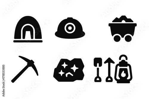 Gold Mining Icons. Solid, filled icon set of gold mining: mine entrance, miner?s helmet, gold pan, mine cart, pickaxe, rock with gold, excavation tools,