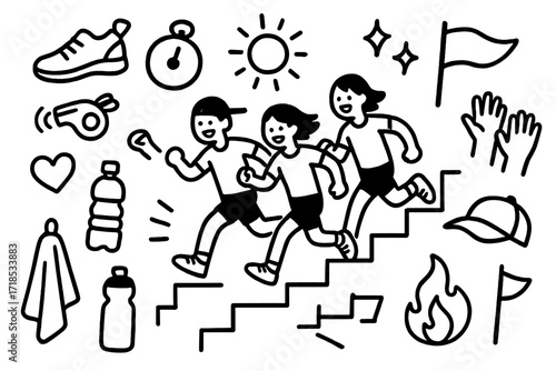 Fun Stair Run. Hand-drawn doodle illustration Fun stair run with friends [stairs, running figures, sneakers, stopwatch, whistle, water bottle, towel, heart,