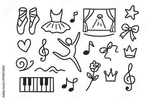 Dance Doodle Elements. Hand-drawn doodle illustration Dance and movement ballet slippers, tutu, music note, stage, spotlight, star, ribbon, leaping figure,