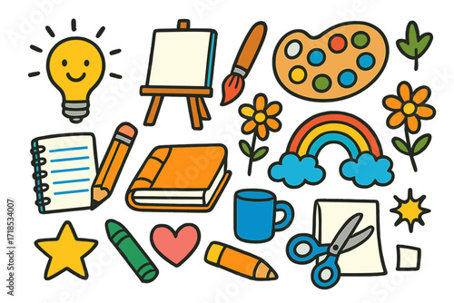 Creative Art Doodles. Colorful Hand-drawn doodle Children illustration Studio Inspiration [light bulb, canvas, paintbrush, palette, notebook, pencil, crayon,