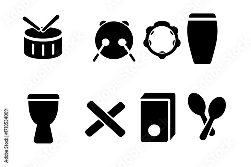 Rhythm Instrument Icons. Solid, filled icon set of rhythm instruments: snare drum, bass drum, tambourine, conga, djembe, claves, cajon, maracas. Solid, filled