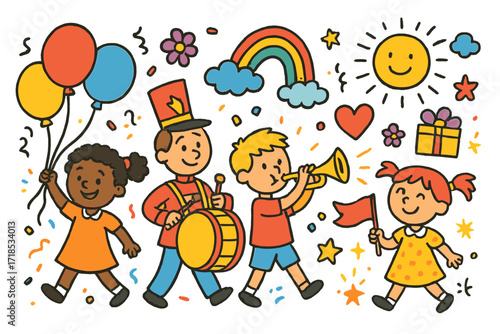 Balloon Parade Celebration. Colorful Hand-drawn doodle Children illustration Balloon Parade [balloon, marching band, flag, drum, trumpet, confetti, star,