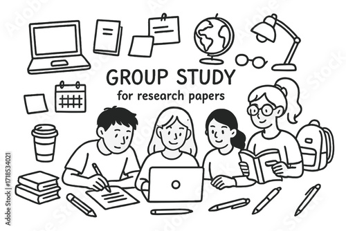 Group Study Icons. Hand-drawn doodle illustration [Group study for research papers] [students, laptop, notebook, pen, pencil, coffee cup, books, paper sheet,