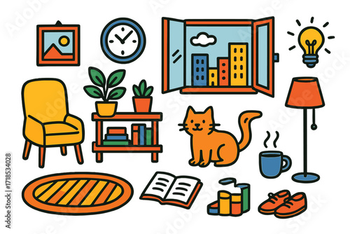 Urban Living Doodles. Colorful Hand-drawn doodle Children illustration Minimalist Urban Living Space chair, shelf, rug, cup, plant, clock, notebook, floor