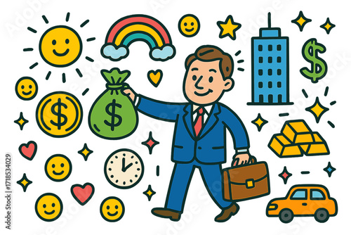 Wealthy Doodle Parody. Colorful Hand-drawn doodle Children illustration Rich Businessman businessman with suit, briefcase, money bag, coins, dollar sign, gold