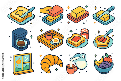 Cozy Kitchen Morning Icons. Colorful isometric vector icons set of cozy kitchen morning scenes: buttering toast, opening butter dish, slicing butter, coffee