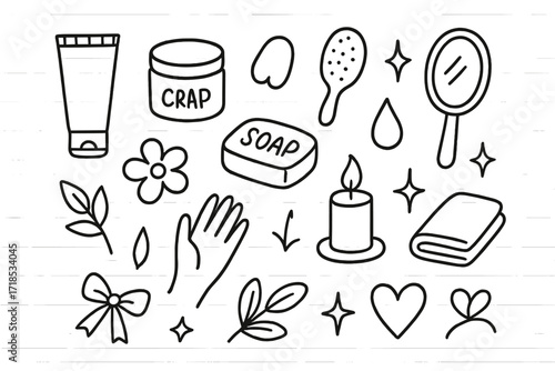 Self-Care Essentials Icons. Hand-drawn doodle illustration Self-care essentials cosmetic tube, cream jar, soap bar, brush, mirror, droplet, sparkle, star,