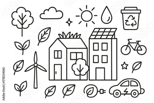Eco-friendly Building Doodles. Hand-drawn doodle illustration Eco-friendly buildings [green rooftop, solar panel, window, door, tree, cloud, sun, recycle bin,