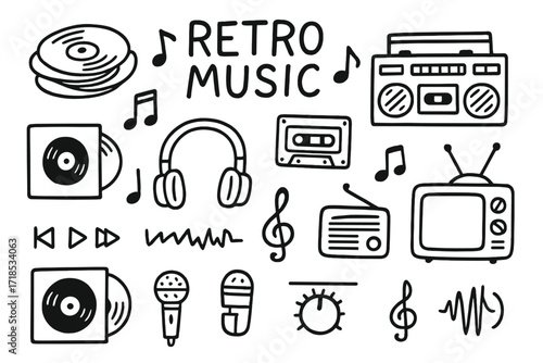 Retro Music Icons. Hand-drawn doodle illustration Retro music collection [vinyl stack, boombox, cassette tape, radio, headphones, music notes, record sleeve,