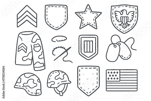 Military Doodle Icons. Hand-drawn doodle illustration [Military uniform patches] [chevron patch, badge, star, shield, eagle, uniform sleeve, rank symbol,