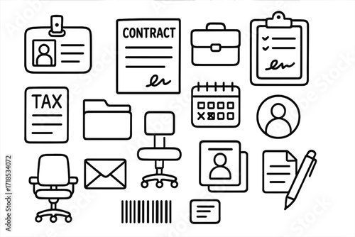 Employment Document Doodles. Hand-drawn doodle illustration [legal identification for employment] [ID badge, contract paper, briefcase, clipboard, signature,