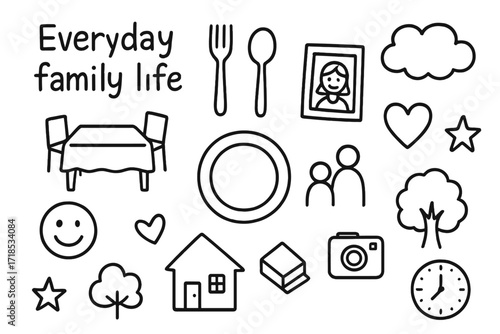 Family Life Doodles. Hand-drawn doodle illustration Everyday family life album [dinner table, plate, fork, spoon, photo frame, smile face, family silhouette,
