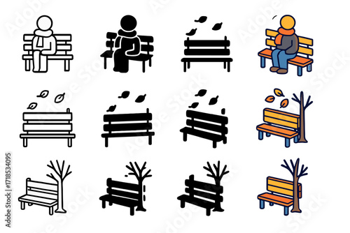 Autumn Solitude Icons. Icon Set of Autumn Solitude: Person with scarf on bench, Bench with falling leaves, Bench near bare tree. Icons set in vector style,
